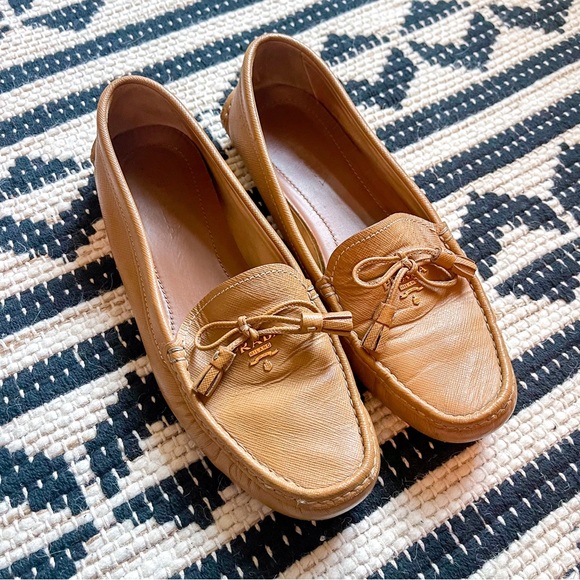 Prada Shoes - Prada Camel Saffiano Leather Loafers Flats